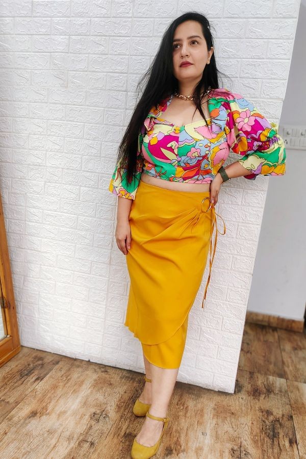 Floral Top with Mustard Draped Skirt