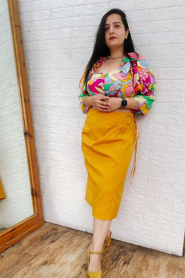 Floral Top with Mustard Draped Skirt