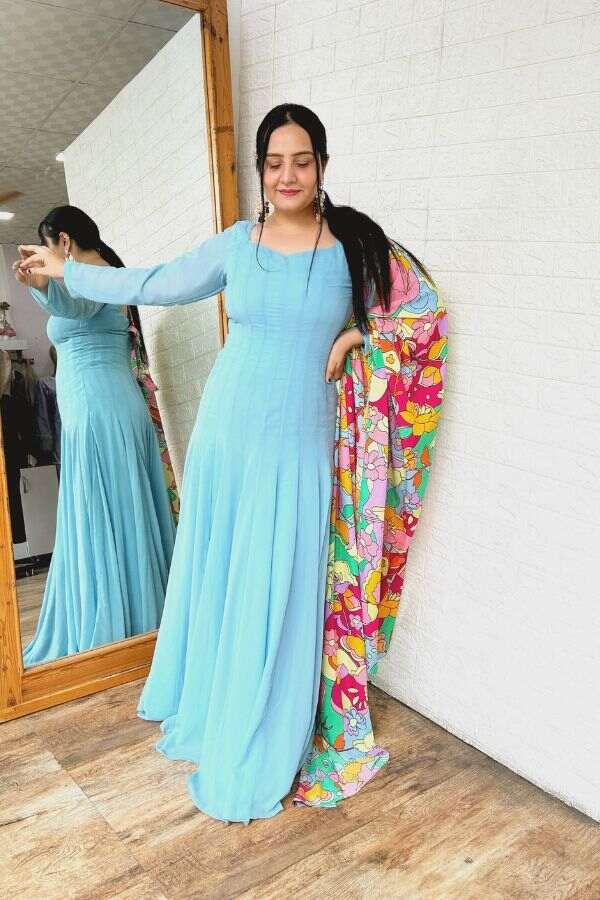 Blue Anarkali with printed dupatta