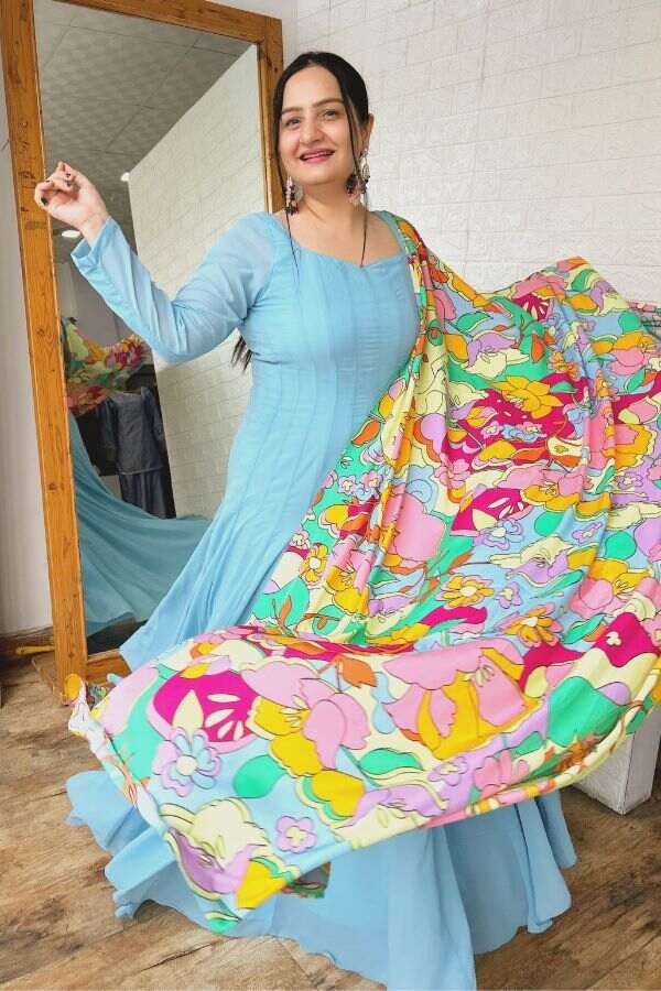 Blue Anarkali with printed dupatta