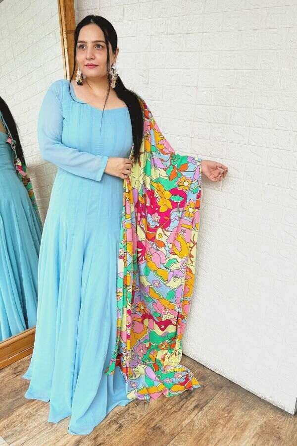 Blue Anarkali with printed dupatta