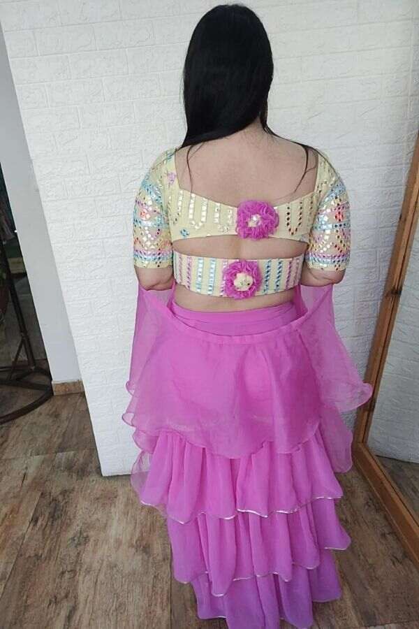 Yellow Blouse with Gharara and Organza Ruffled Dupatta